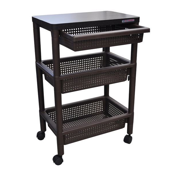 キャスター付きテーブルワゴン/マルチ収納棚 ブラウン 幅45.5cm高さ70cm 引き出しバスケット2段棚付き 木製天板