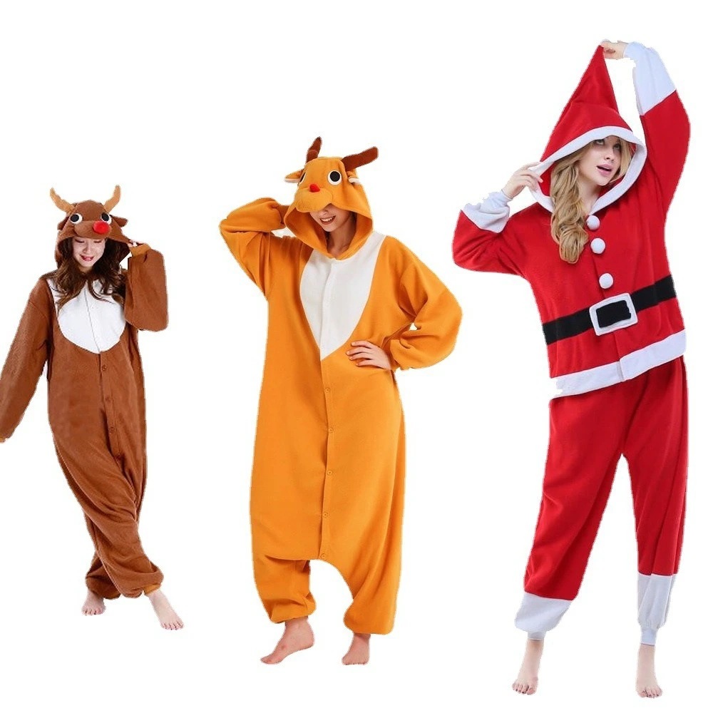 鹿 クリスマス ポーラーフリース 家居服 保暖 保温 可愛い 男女 パジャマ つなぎ キャラクター 梅花鹿 サンタクロース