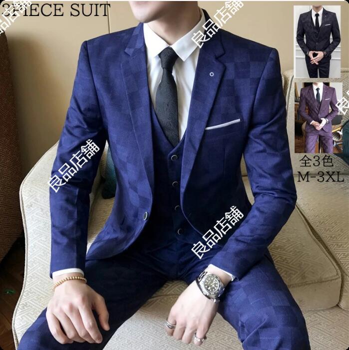 今だけ！3色 3点セット チェック柄 タキシード 紳士服 メンズスーツ スリーピース ビジネス リクルートスーツ ジャケット+ベスト+パンツ Ｍ～3XL カジュアル フォーマル 花婿 スリムスーツ ス