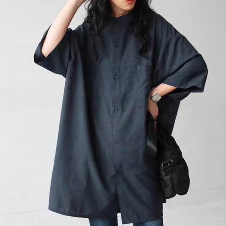 レディース トップス シャツ ブラウス 上着 羽織 前開き ミディアムレングス 5分袖 チャイナ ワイド オーバーサイズ ポケット 異国風 ボタン 薄手 かわいい 大人可愛い きれいめ シンプル