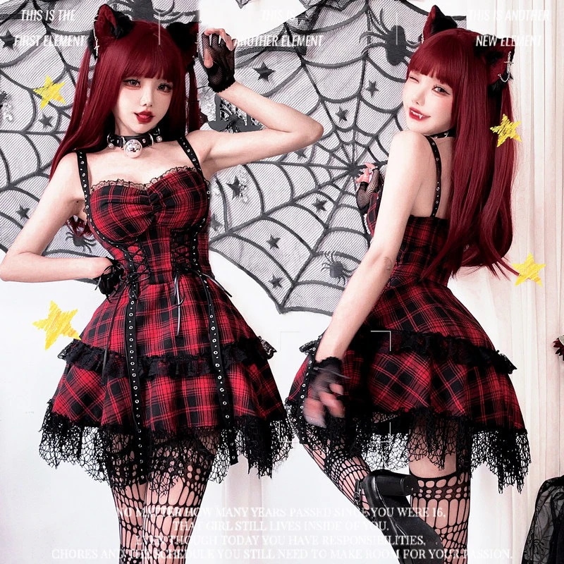ハロウィン コスプレコスチューム ダーク ゴシック レース 2000年 赤と黒 ロリータ ドレス 歌 ギグ 5,066円
