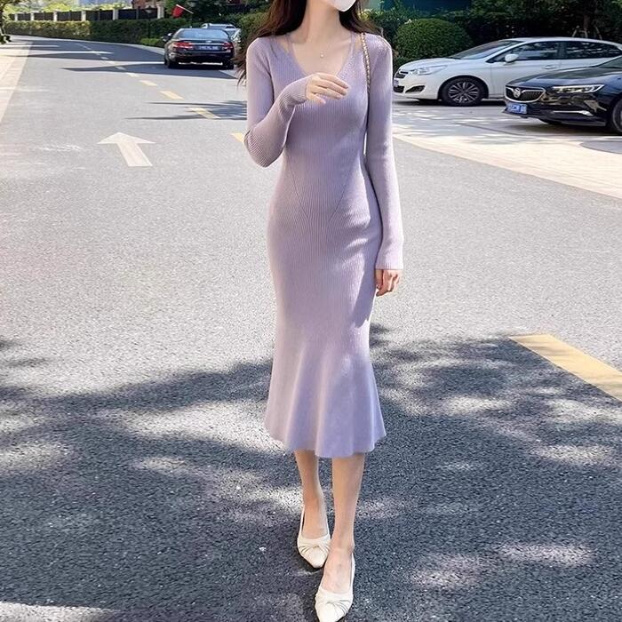 ワンピース ワンピ ドレス ニット マーメイド Vネック レディース エレガント きれいめ カジュアル 大人 可愛い フェミニン 長袖 ミモレ丈 スレンダー スリム タイト シンプル 体型カバー ベー
