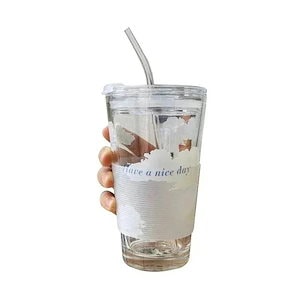 ガラスカップ 蓋付き 厚め ストロー付き シンプル創造的 小さな 新鮮 飲用カップ