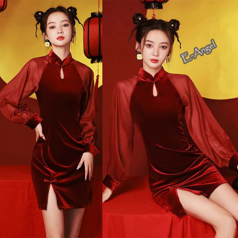 改良チャイナドレス ミニ 長袖 透け感スリーブ ワインレッド スタンドカラー チャイナ風 ワンピース 切り替え スリット コスプレ チャイナ服 普段着 大きいサイズあり