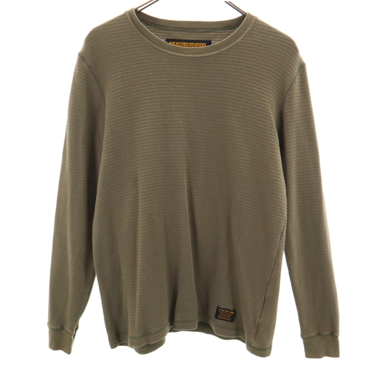 日本製 長袖 ワッフル Tシャツ S オリーブ系 ロンT メンズ 古着