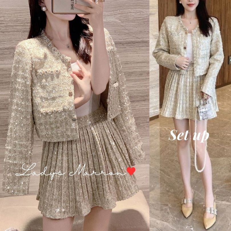 【即納】ツイード セットアップ 韓国 ジャケット スカート 成人式 同窓会 卒業式 服 服装 二次会 冬 かわいい スパンコール キラキラ 上下セット 2点セット ツーピース 無地 ノーカラー 春 秋