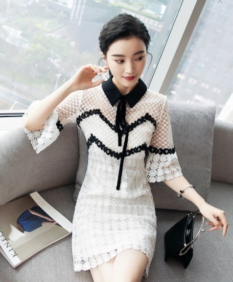 パーティードレス ハイウエスト レース バイカラー 花柄 七分丈 モノトーン ワンピース フレア ミニ丈 光沢 透け感 フェミニン 大人可愛い パーティー 結婚式 二次会 お呼ばれ フォーマル