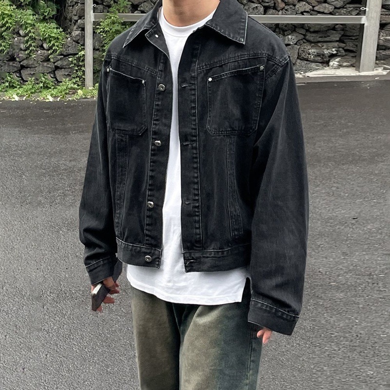 ウォッシュド古いラペルデニムメンズ春ルーズギャングスターハンサムジャケットワークウェアジャケットのトレンドの韓国語版を行う