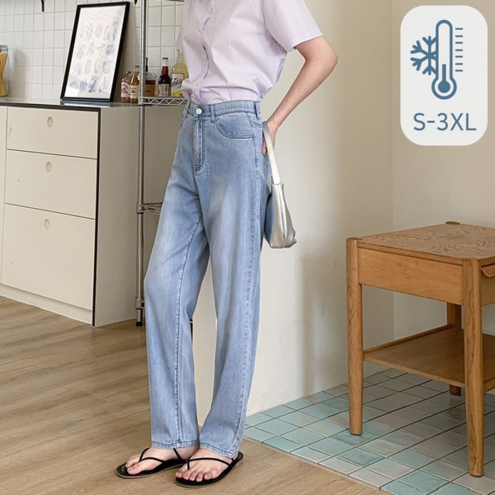 (Jinmania) Def ライトブルーサマーテンセルクーリングロングパンツスパンウエストバンドバギーデニム