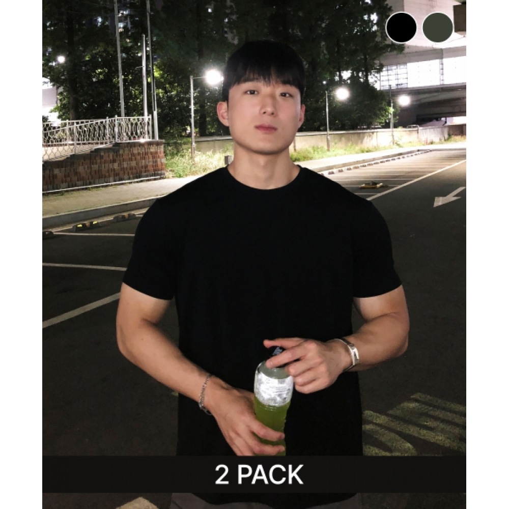 KHAKI GRADO [2パック] ソリッドレギュラーフィット半袖Tシャツ (ブラック/ディープグリーンカーキ)