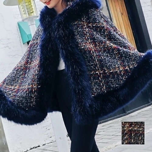 アウター ポンチョ ケープ 韓国 ファッション レディース 秋 冬 カジュアル コーデ シンプル 定番 セレカジ 20代 30代 40代 2025 ふわふわ エコファーフード ツイード風 チェッ 11,520円