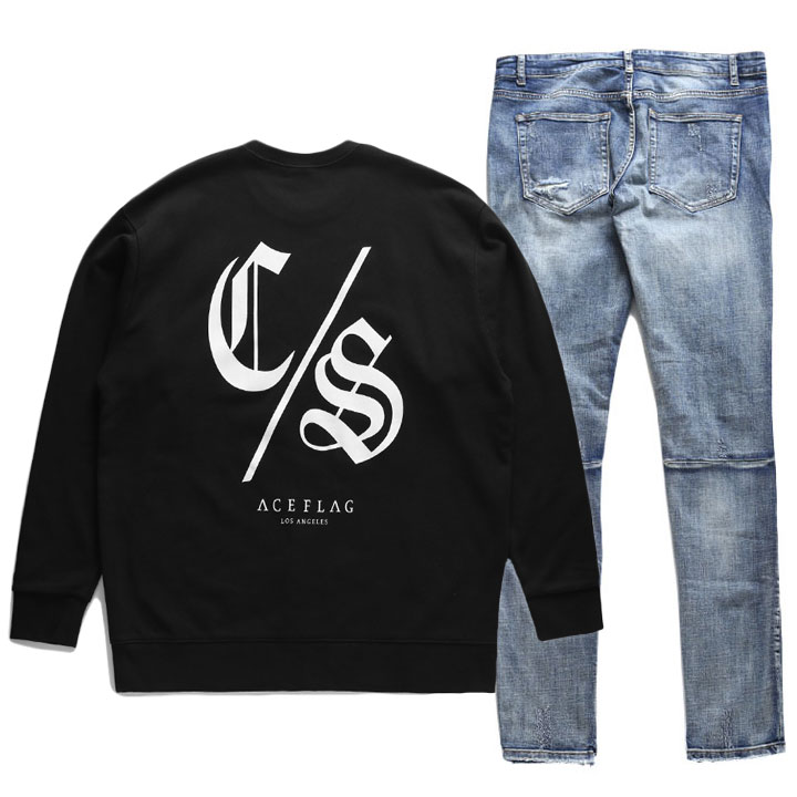 ACE FLAG 上下セット 長袖 ブランド メンズ 春秋冬用 黒 大きいサイズ エースフラッグ セットアップ トレーナー ジーンズ デニム スリム Con Safos