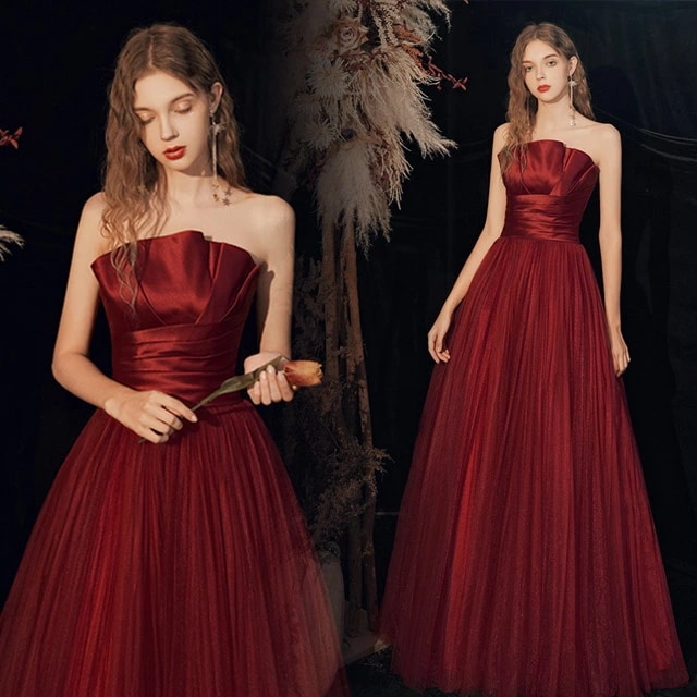 厳選素材ワイン赤 発表会ドレス ベアトップ ビスチェドレス ロング 演奏会ドレス ノースリーブ 結婚式ドレス 二次会ドレス サテン チュール イブニングドレス 20代 30代 パーティードレス ゲスト