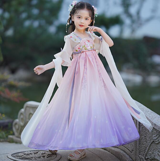 迅速な出荷 子供 中華ワンピース 漢服ドレス チャイナ ワンピース キッズ 女の子 華流 ハロウィン コスプレ衣装 半袖 ロング シフォン 飄逸 お姫様 中華ドレス 中華 ロリータ ワンピース 紫 グ