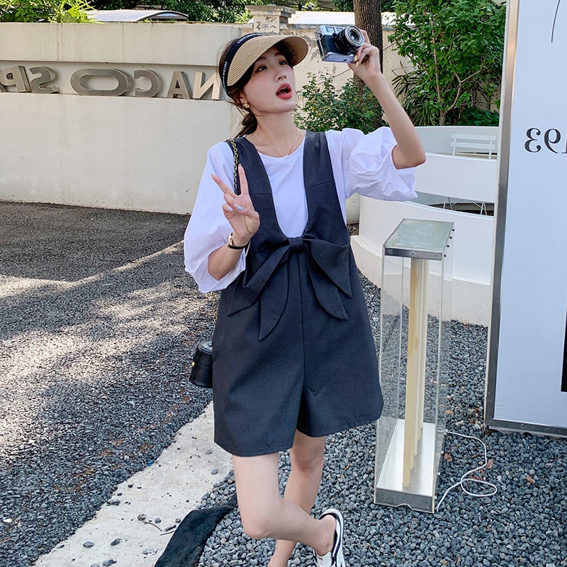 実際の蝶ネクタイバックパンツスーツ夏2024新しい韓国の緩いTシャツトップカジュアルショーツ2点セット