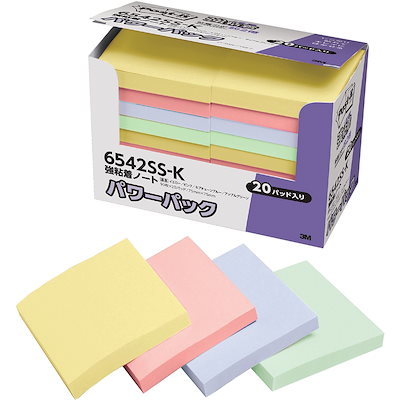 他サイト： ポストイット 付箋 強粘着 ノート パステルカラー 75×75mm 90枚×20冊 6542SS-Kの商品画像