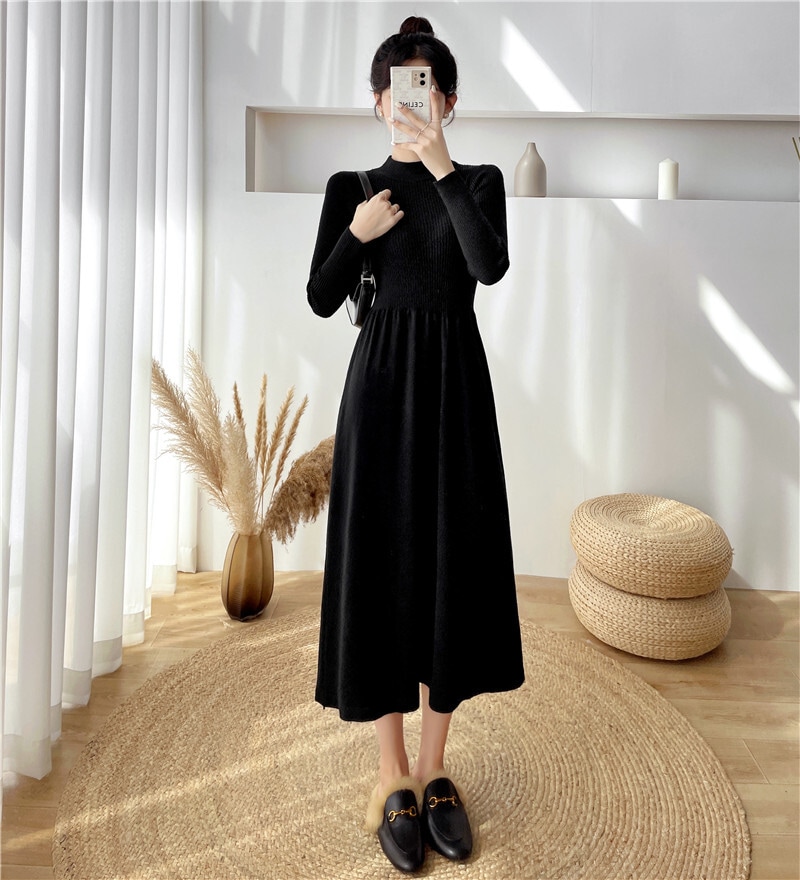 ワンピース ニット ミモレ丈 袖あり 長袖 ハイネック スリム 細身 切り替えデザイン リブ リブニット 厚手 ブラック ホワイト 大人可愛い きれいめ シンプル カジュアル 上品 お洒落 個性的