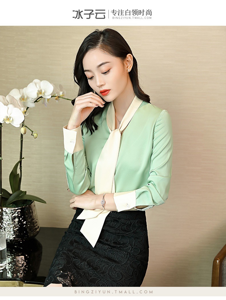 レディース 長袖 カットソー バイカラー配色 リボン ボウタイ シフォン ブラウス シャツ フリル 白シャツ 6,073円