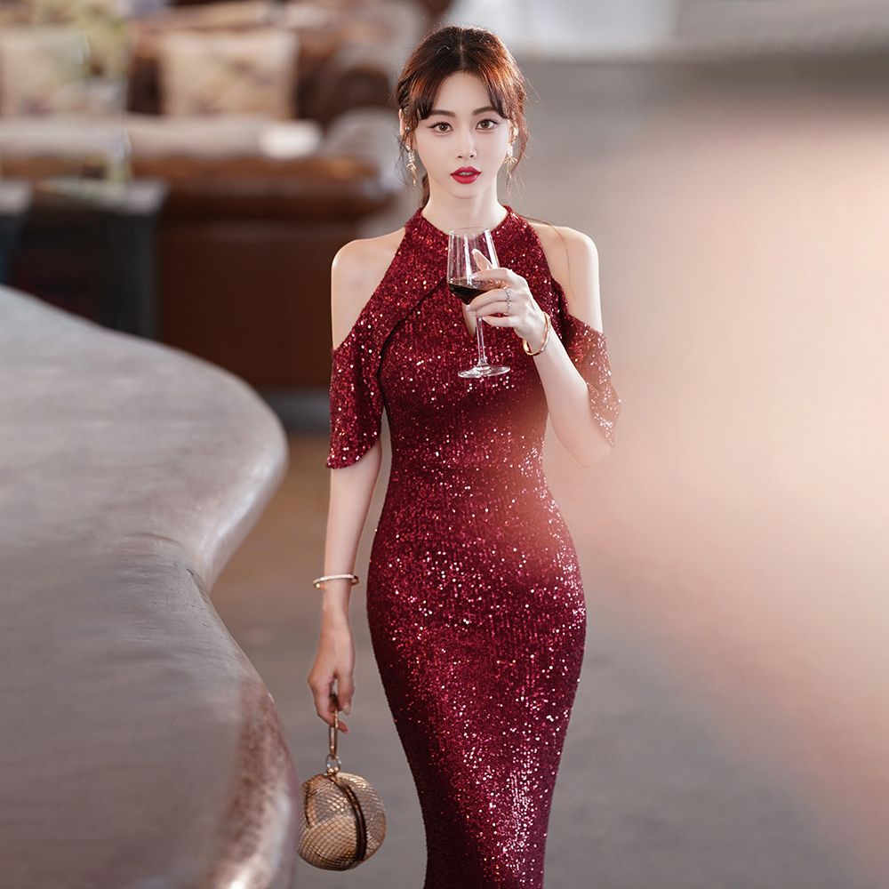 女性用赤いイブニングドレス重工業用スパンコール質感宴会気質のホストドレステール 4,990円