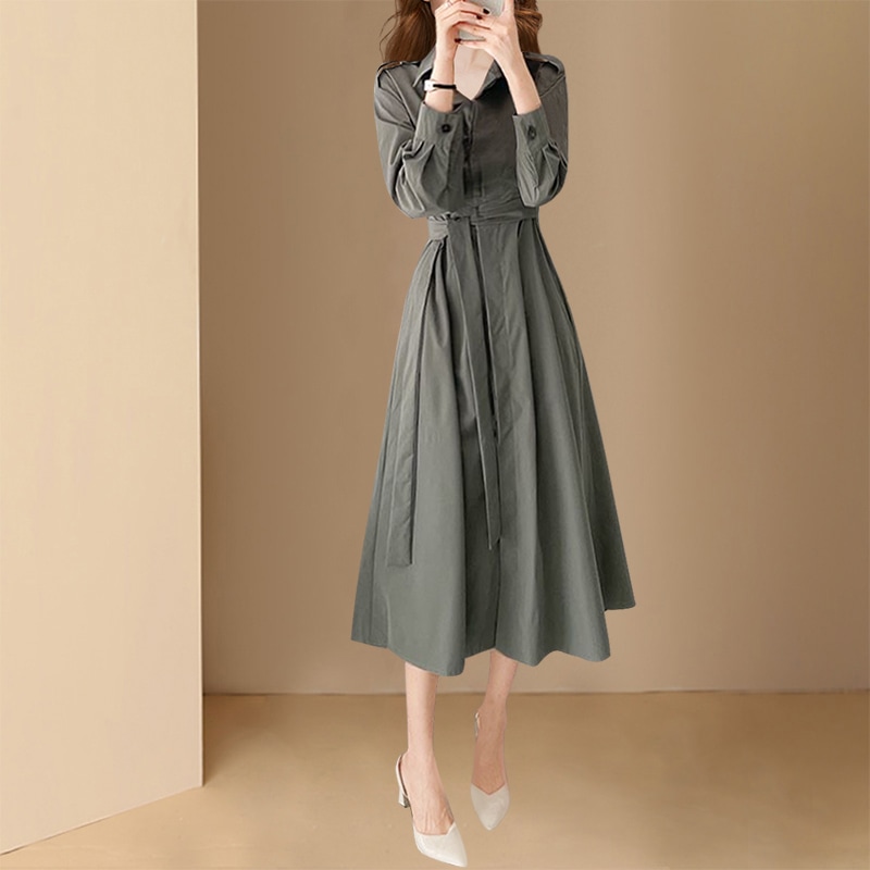 ワンピース シャツワンピース ミモレ丈 ロング丈 長袖 ウエストマーク 襟付き セミフレア ウエストリボン ハイウエスト 前開き デニム かわいい 大人可愛い きれいめ カジュアル おしゃれ お洒落 7,993円