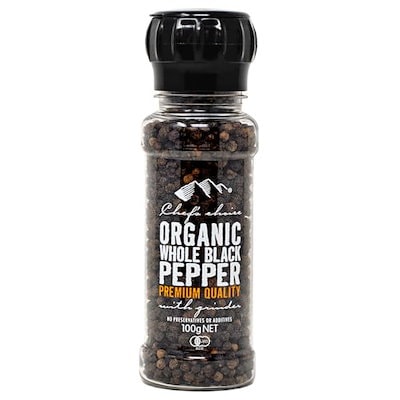 他サイト： シェフズチョイス オーガニックブラックペッパー 黒胡椒 ミル付き or 粗挽き Organic Black Pepper (ホール 100g)の商品画像