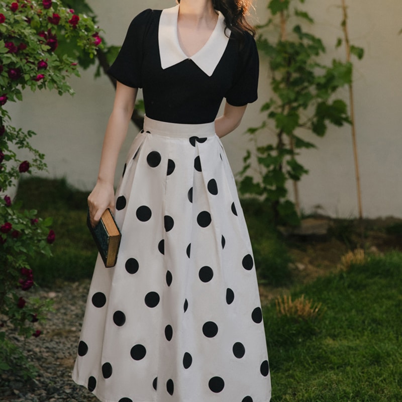 セットアップ スカート レディース 夏 ニット カットソー 半袖 フレンチガーリー ドットスカート デート オフィスカジュアル