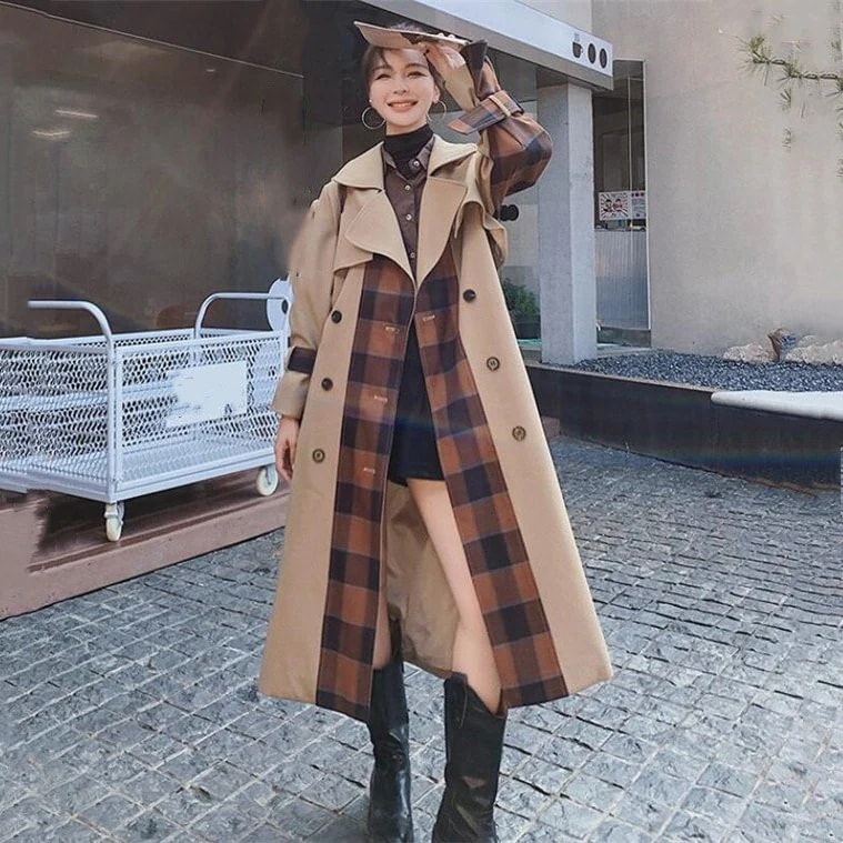 春服トレンチコートレディーススプリングコートチェスターチェックロング丈秋春コート