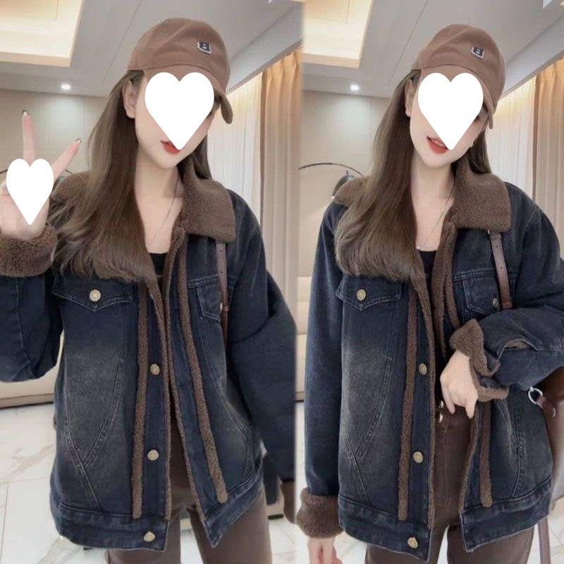 レディース秋冬新作韓国スタイルゆったりフィット万能エイジングケア暖かい中綿ジャケットラムウール裏地付き