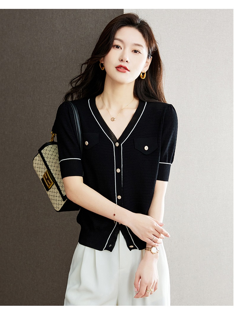 夏 レディース スタイリッシュ 黒 V ネック 薄手 ニット カーディガン ショート トップ 女性 ブラック ホワイト M L XL XXL トップス 袖あり かわいい 大人可愛い きれいめ