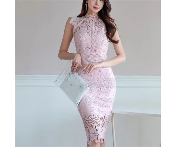 レディース ワンピース プルオーバー ドレス 膝丈 袖なし ノースリーブ ハイネック スタンドカラー タイト スリム 細身 フェミニン レース かわいい 大人可愛い きれいめ 上品 おしゃれ こなれ感