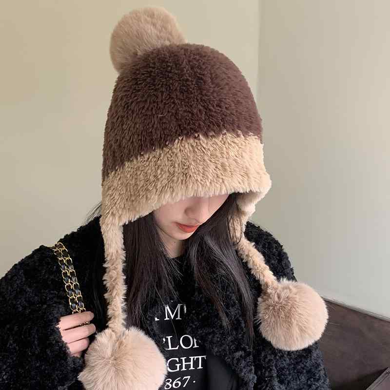 フードウォーマー レディース 耳の 隠れる 帽子 秋冬 小顔効果 厚手 暖かい 防寒 ニット ウール ポンポン かわいい アウトドア サイクリング 黒 茶 ベージュ