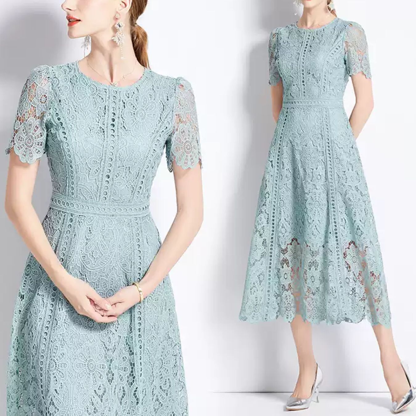 ワンピース レディース 膝下 ラウンドネック Aライン レース 刺繍 ハイウエスト 透け感 切り替えデザイン かわいい 大人可愛い きれいめ 上品 おしゃれ レトロ こなれ感 ガーリー エレガント