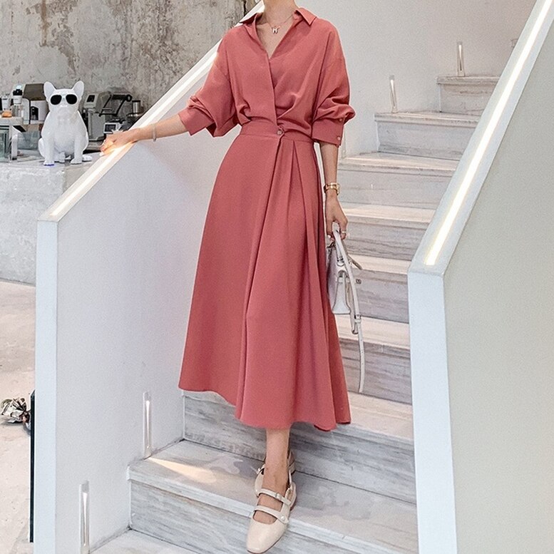 2color シャツワンピース Vネックドロップショルダー長袖ミモレワンピース