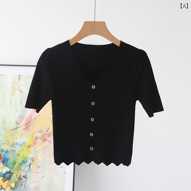 ニット レディース おしゃれ カーディガン カジュアル Vネック 半袖 セーター 春夏 ショート 薄手 スリム フィット トップス ブラック グレー ホワイト