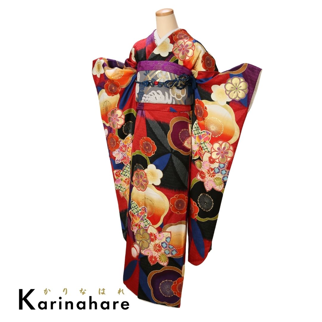 きほ振袖セットF442-108 朱赤×黒×紫の市松染が可愛いデザインコロンとした梅や椿のお花