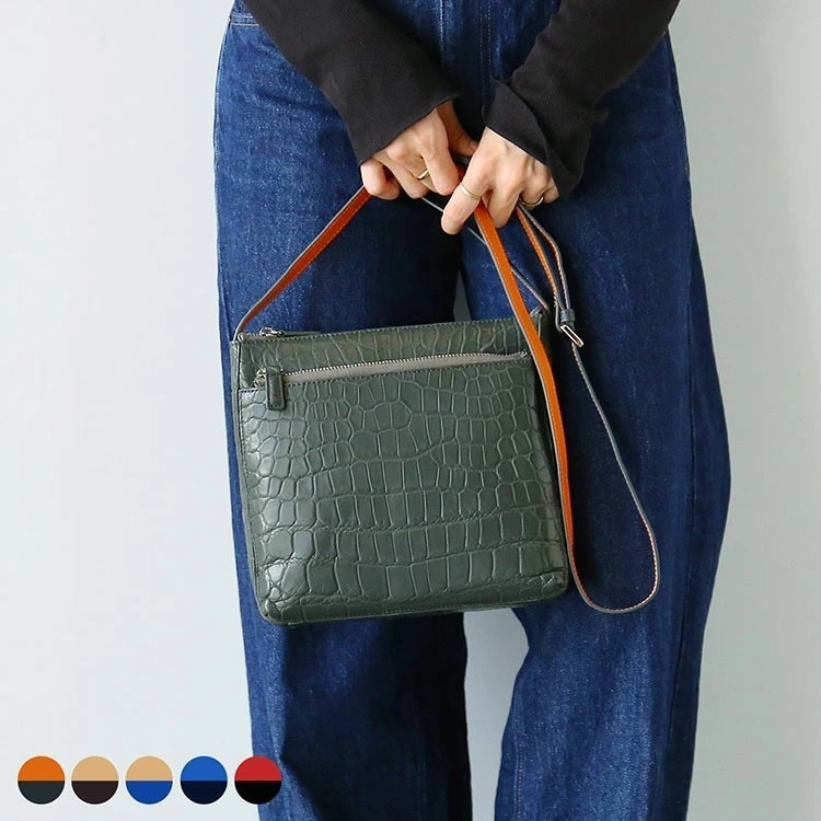 クロコダイル ショルダー バッグ バイカラー マット 加工 レディース 斜めがけ ポシェット サコッシュ 本革 ワニ革 鰐革 リアルレザー ブルー ネイビー グレー ブラウン ブラック 小さめ お出掛