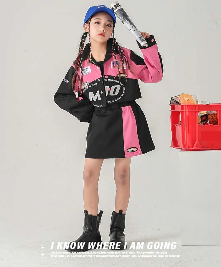 チアガール チア ダンス衣装 女の子 キッズ セットアップ ヒップホップ ダンス 衣装 へそ出し トップス ジャケット ショート スカート ジャズダンス 衣装 JAZZ ヒップホップ 英語 韓国 風