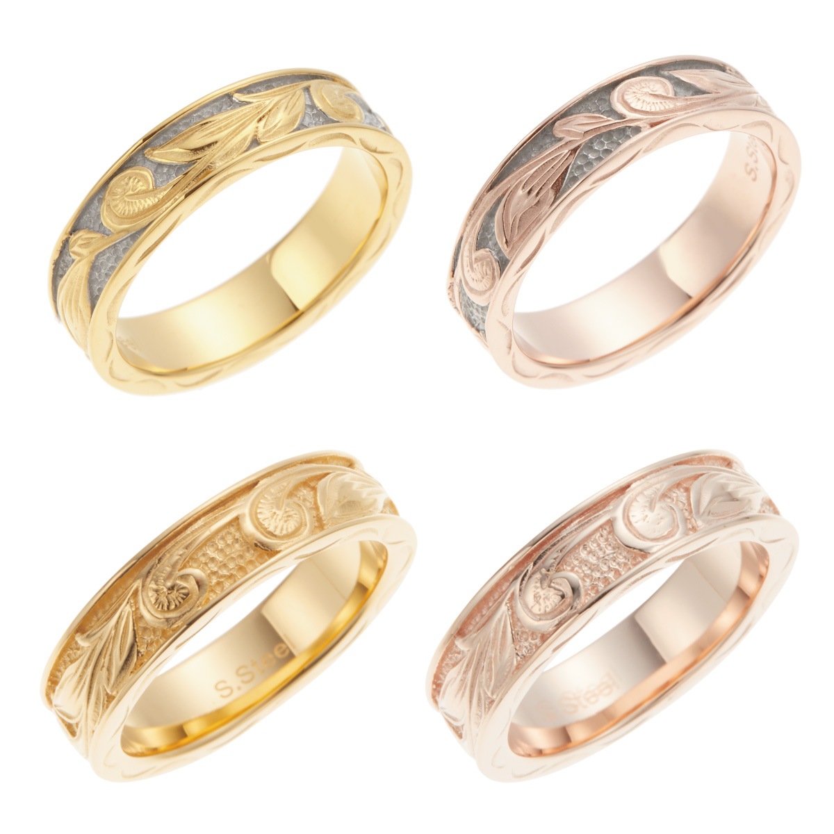 リング レディース メンズ サージカルステンレス製 ハワイアンジュエリー お肌に優しい 低金属アレルギー対応 安心 マイレ スクロール ハワジュ リング幅太め 綺麗 おしゃれ 上品 高級感 繊細な彫刻