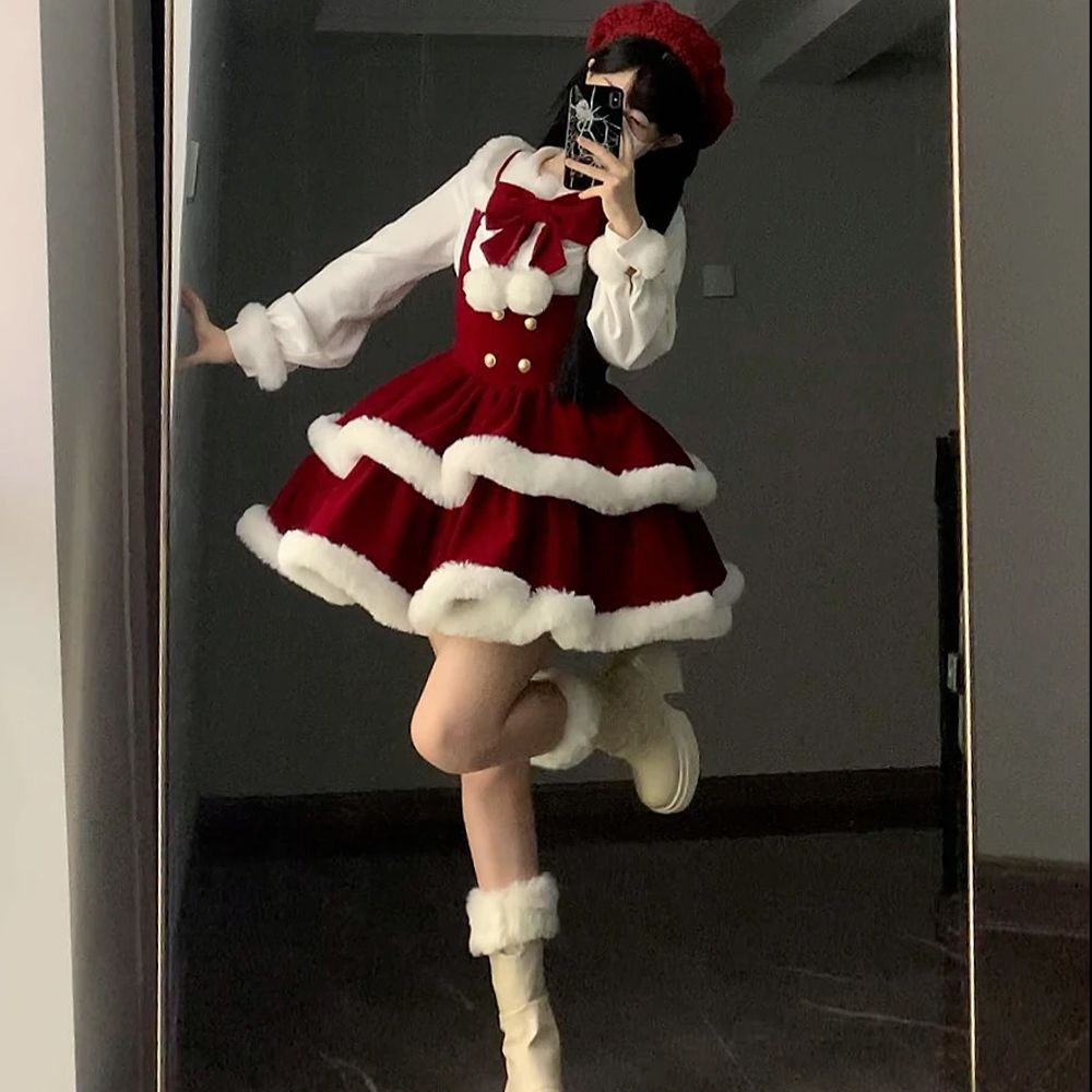 ロリータドレス 新しいクリスマスガウン冬服シャツ純欲バックルスカートlolitaスーツワンピースで白夜を暖める
