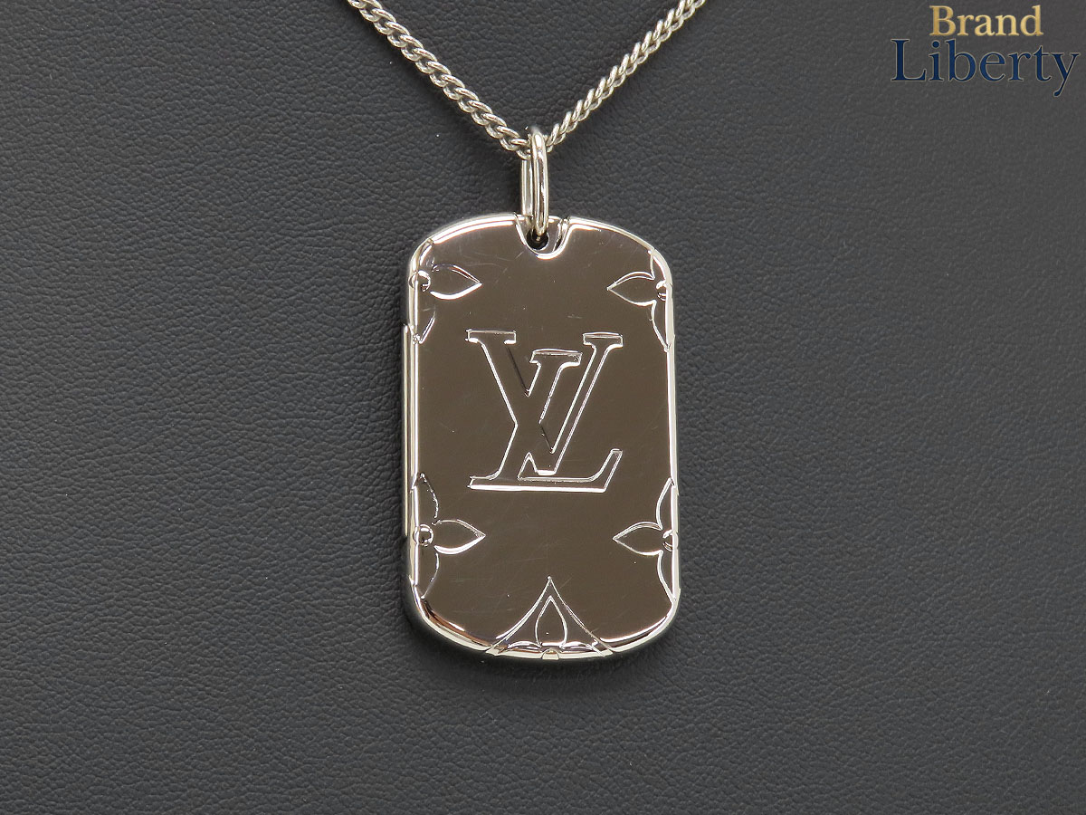美品ルイヴィトンLOUISVUITTONロケットネックレスモノグラムドッグタグロケットペンダントネックレスチョーカーシルバーM62484
