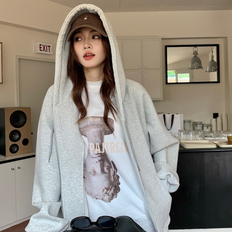 レディース パーカー 上着 羽織 前開き 長袖 ボリューム袖 ドロップショルダー クルーネック ワイド オーバーサイズ ファスナー ポケット 2way ダウン きれいめ シンプル カジュアル おしゃれ