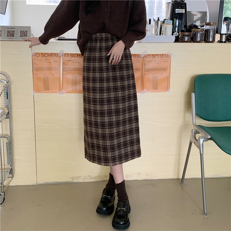 スカート チェック柄ロングスカート レディース ロングスカート チェック柄 ロング丈 ひざ下丈 スリット バックスリット ウエストゴム チェック柄スカート クラシカル 茶色 ブラウン オシャレ
