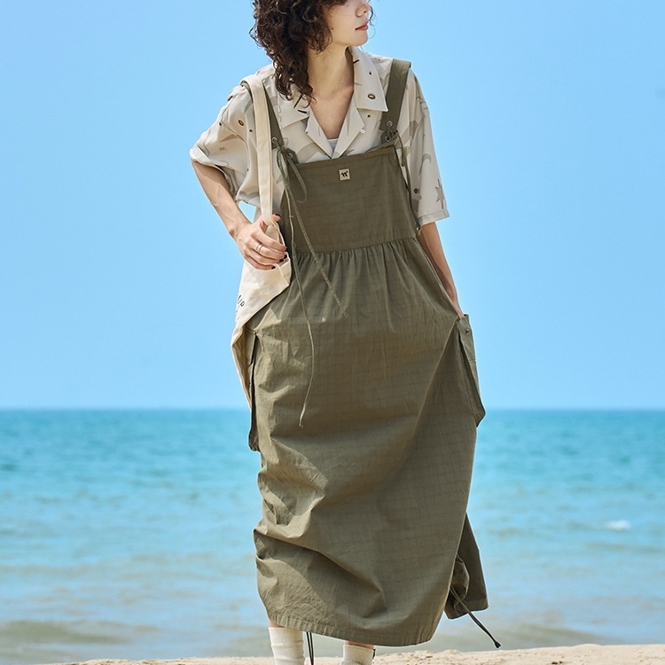 ワンピース ミモレ丈スカート ジャンパースカート ポケット シャーリング ドロストスカート かわいい 大人可愛い きれいめ シンプル 上品 おしゃれ カジュアル こなれ感 個性的 主役級 ラフ