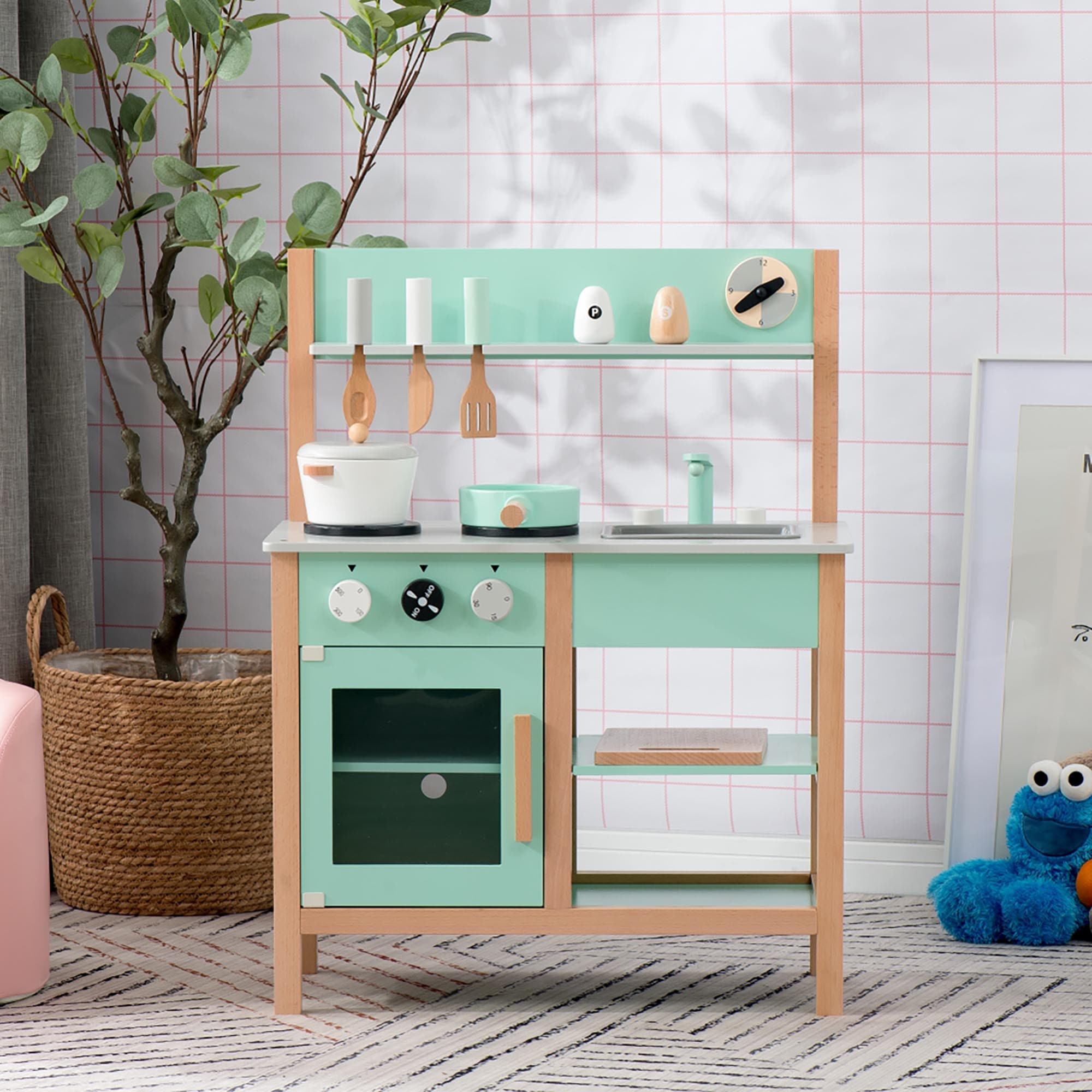 【国内即日発送】おままごとキッチン 木製 誕生日 調理器具付 知育玩具 コンロ ミニキッチン おもちゃキッチン