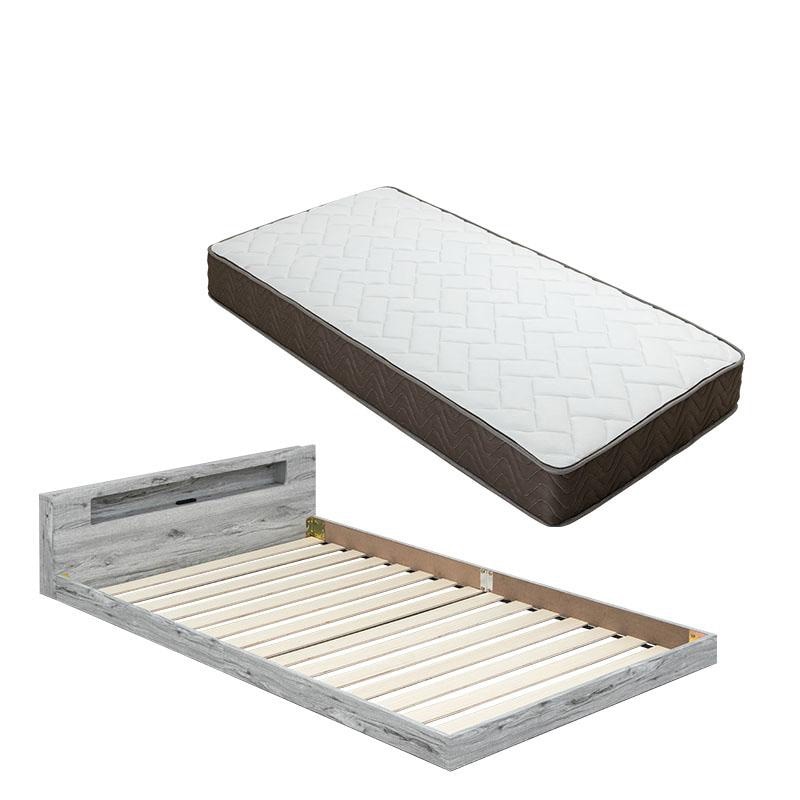 棚コンセント付き フロアベッド ベッド LED照明付き ダブル+ポケットコイルマットレス付き ロータイプ ローベッド ベット