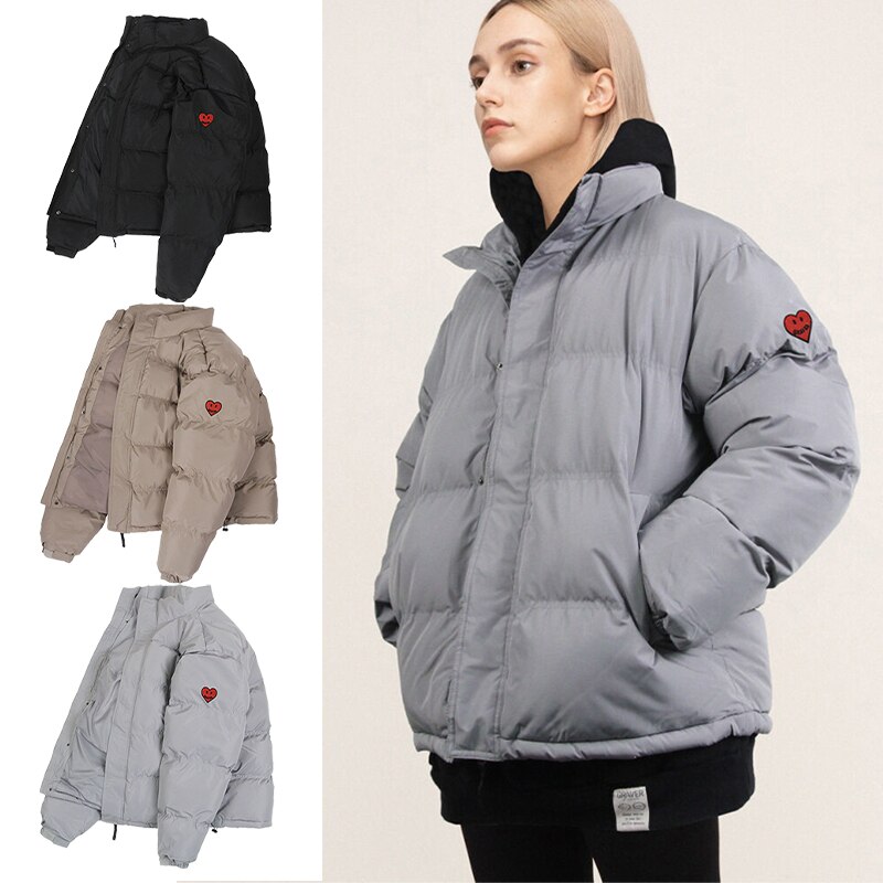 [UNISEX]Heart Smile Embroidered Clip Short Down Jacket_3color