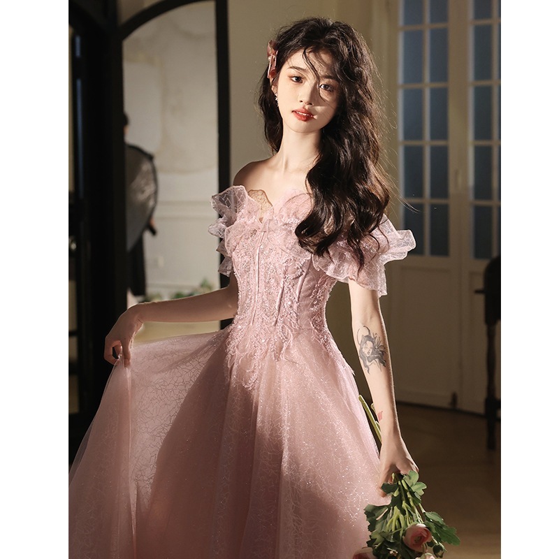 女性ためピンクイブニングドレス2024ハイエンド宴会ホスト大人ドレスアートテスト