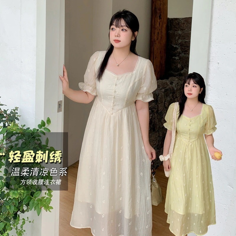 大きいサイズ レディース 2024年新作 夏スタイル スクエアネック 刺繍 パフスリーブ フレッシュファットガール ロングドレス