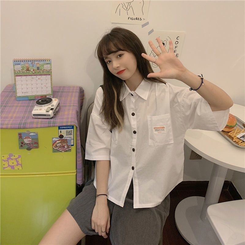 半袖 白 シャツ レディース 学生 アウター ゆったり 塩系 シャツ おしゃれ 短い トップス 202693