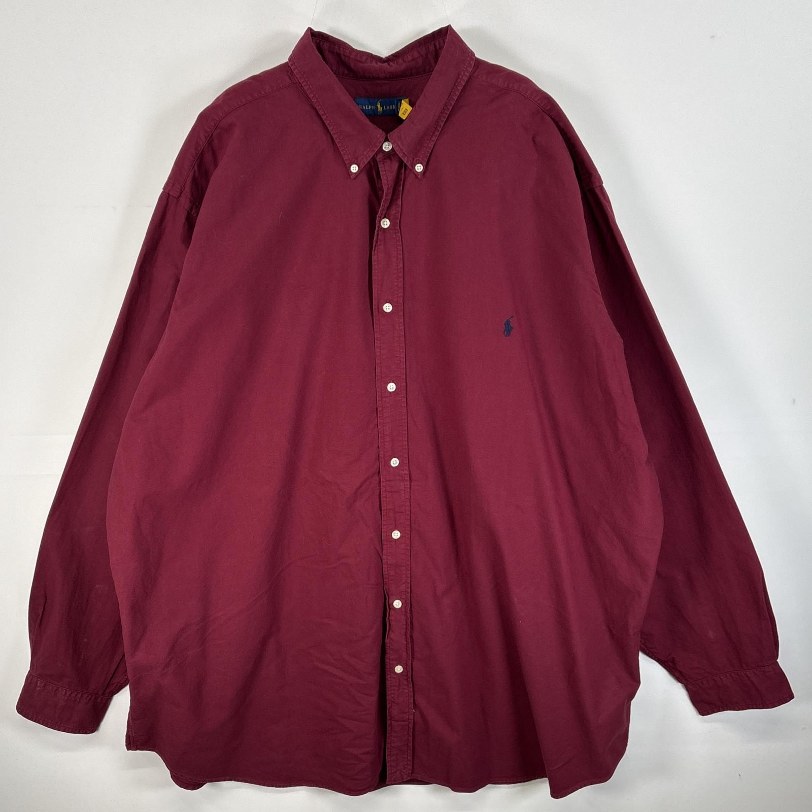 古着 長袖シャツ ボタンダウンシャツ ロゴ 刺繍 大きいサイズ 4XLT ワインレッド 無地 メンズ